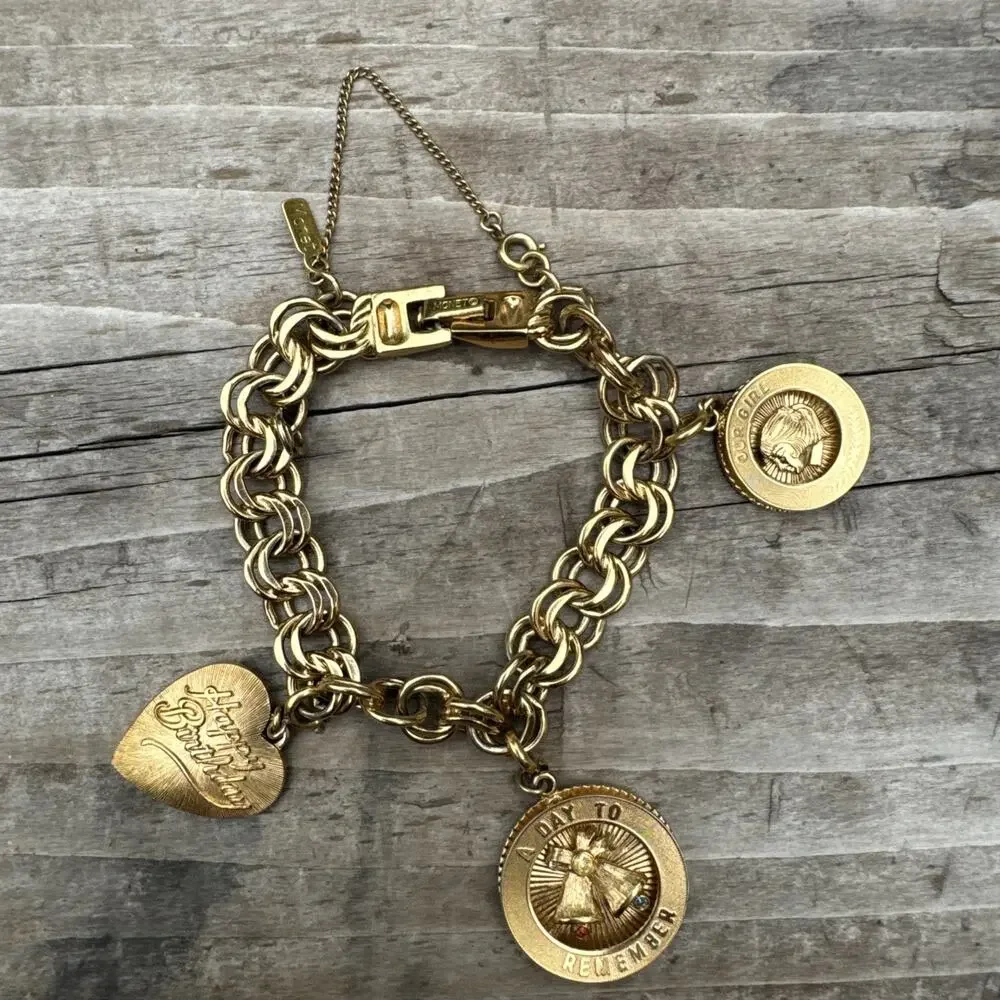 Vtg Monet Gold Tone Bracelet W/ 3 Charms Safety Chain Daughters Child Birthday